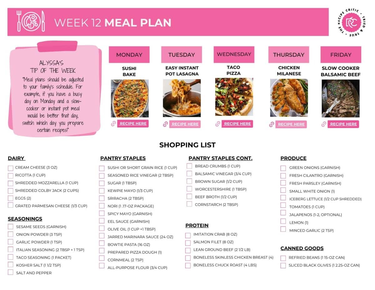 A printable of 5 recipes and a shopping list. 