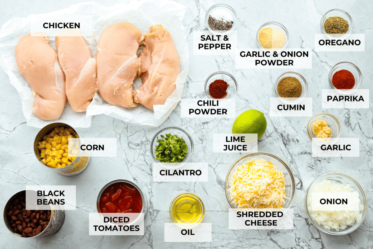 Overhead shot of labeled ingredients. 