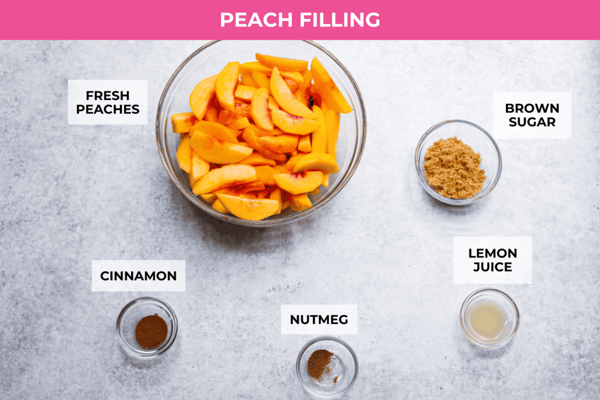 Overhead shot of labeled peach filling ingredients. 