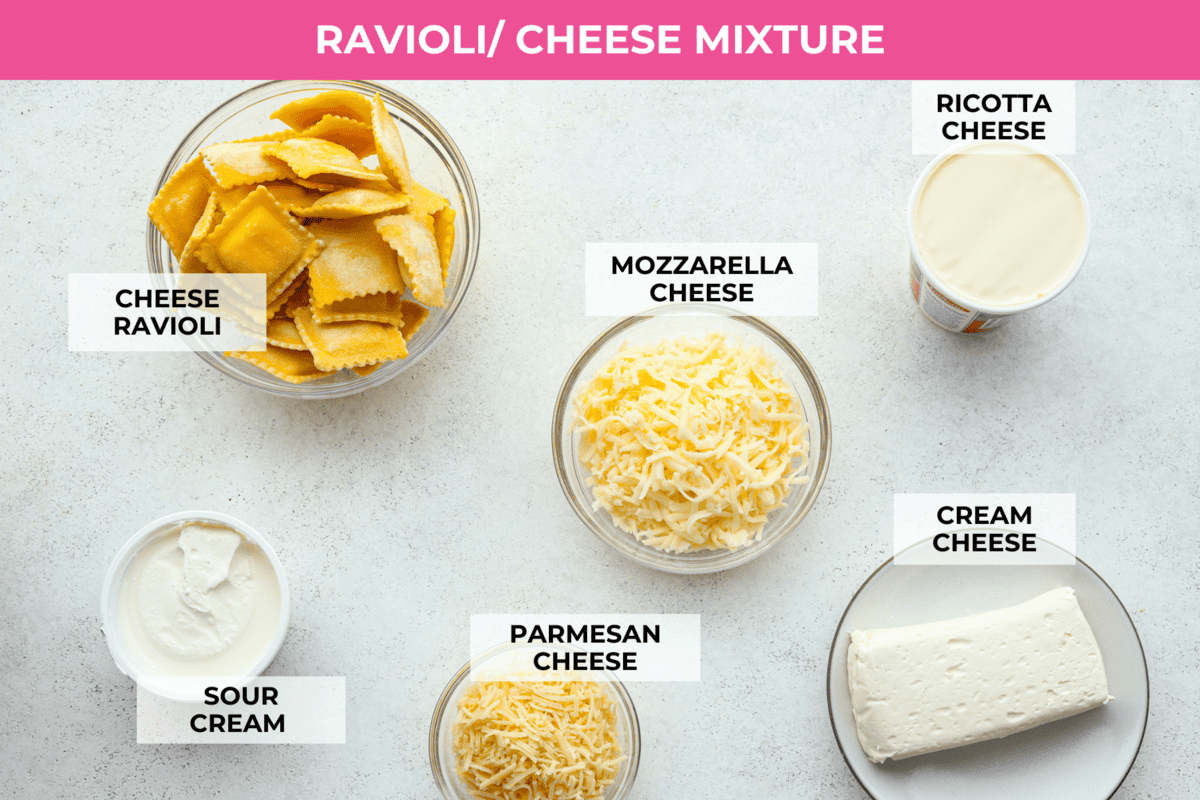 Million Dollar Ravioli Casserole is a flavorful casserole version of the classic! It's easy to make with mouthwatering layers of cheesy ravioli, meat sauce, and melted mozzarella cheese on top. This is a comforting, family-friendly dinner that you'll be craving on repeat! Overhead shot of ravioli and cheese mixture ingredients for million dollar ravioli casserole.