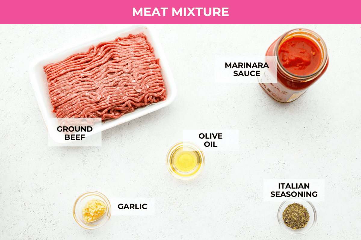 Million Dollar Ravioli Casserole is a flavorful casserole version of the classic! It's easy to make with mouthwatering layers of cheesy ravioli, meat sauce, and melted mozzarella cheese on top. This is a comforting, family-friendly dinner that you'll be craving on repeat! Overhead shot of labeled meat mixture ingredients for million dollar ravioli casserole.