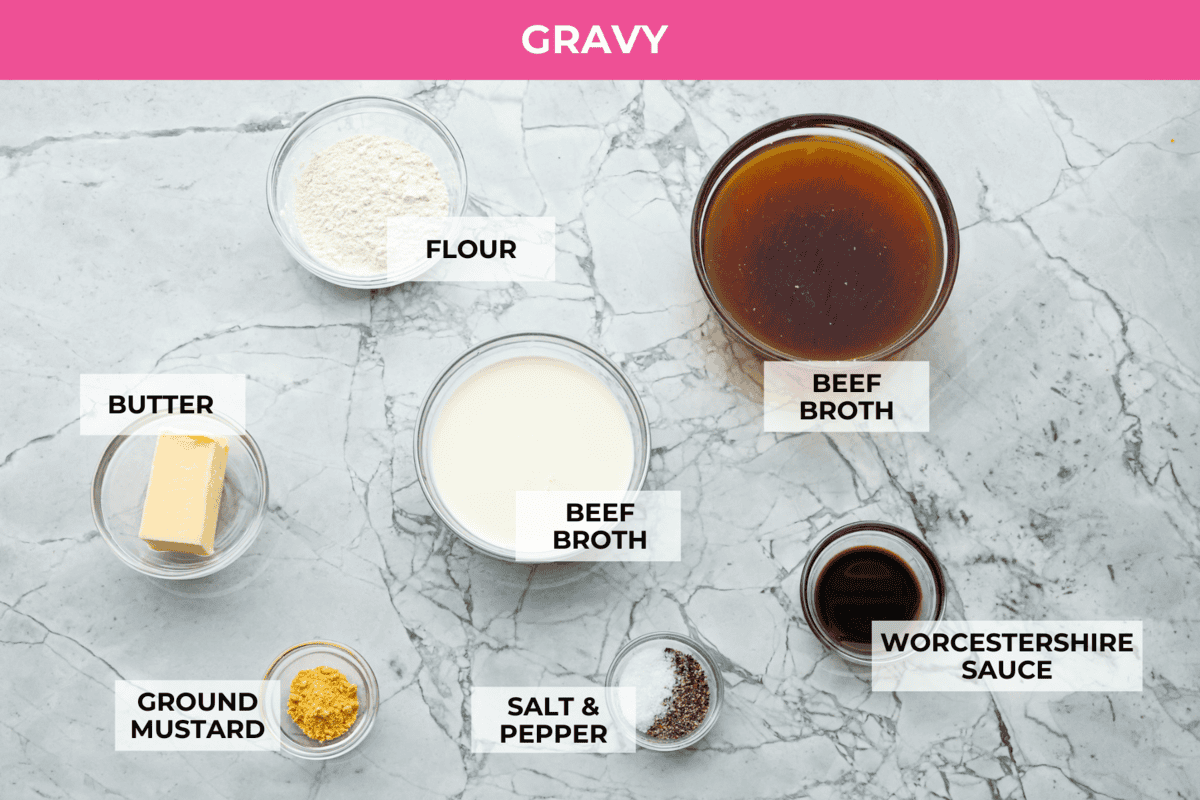 Smothered chicken is a flavorful comfort food full of rich, creamy gravy, tender chicken cutlets, and savory mushrooms. Perfect on its own or paired with mashed potatoes, rice or pasta, you're family will definitely want this on the weekly meal plan. Overhead shot of labeled gravy ingredients.