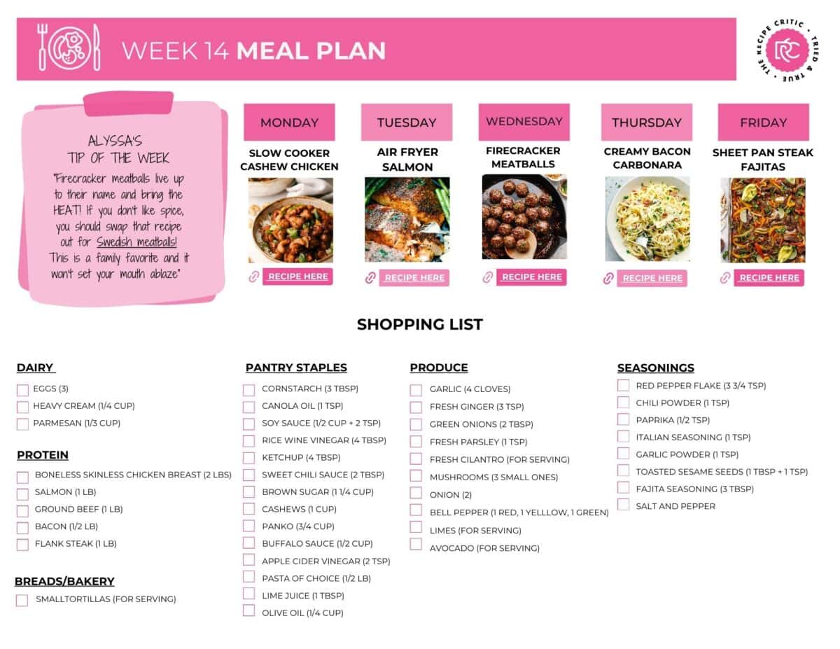 PDF of weekly shopping list for meal planning. 