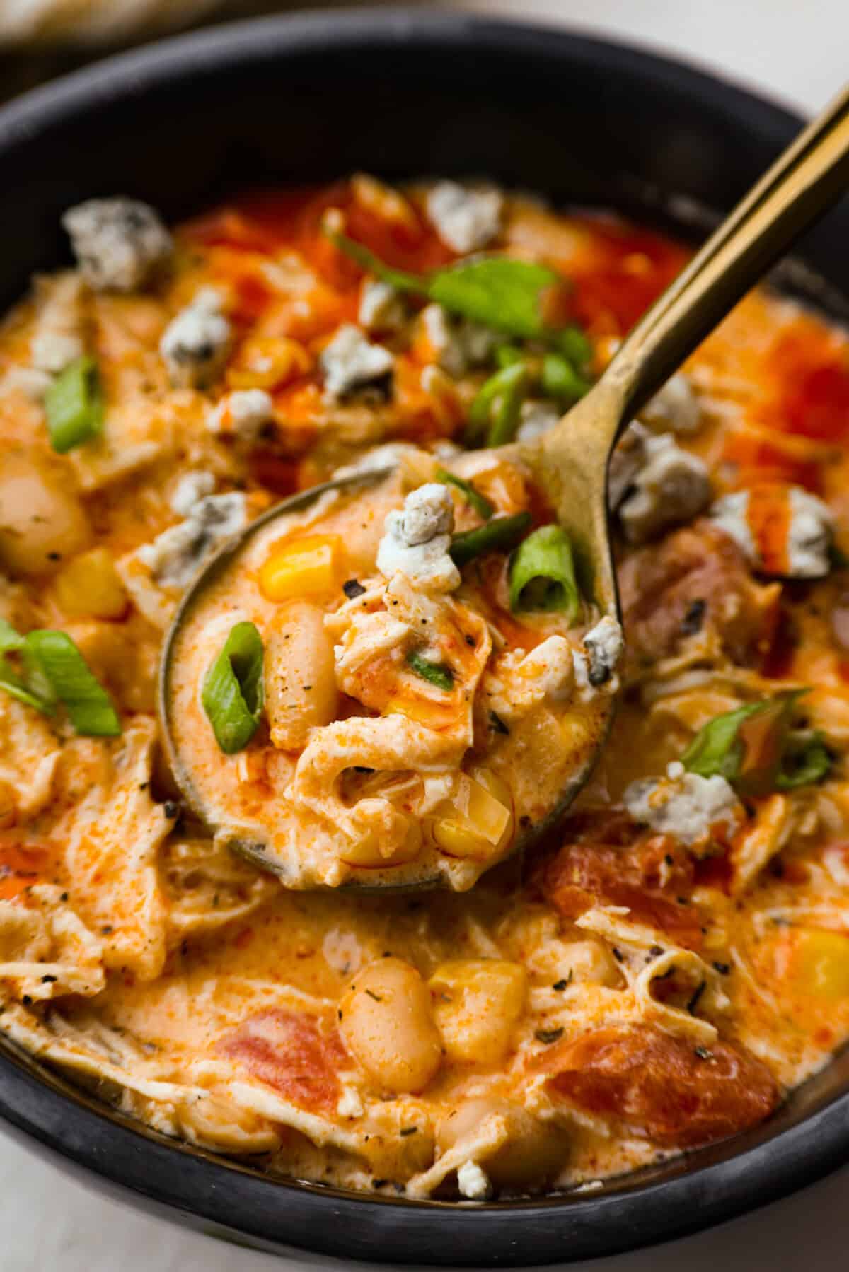 Close up photo of crockpot buffalo chicken chili. 