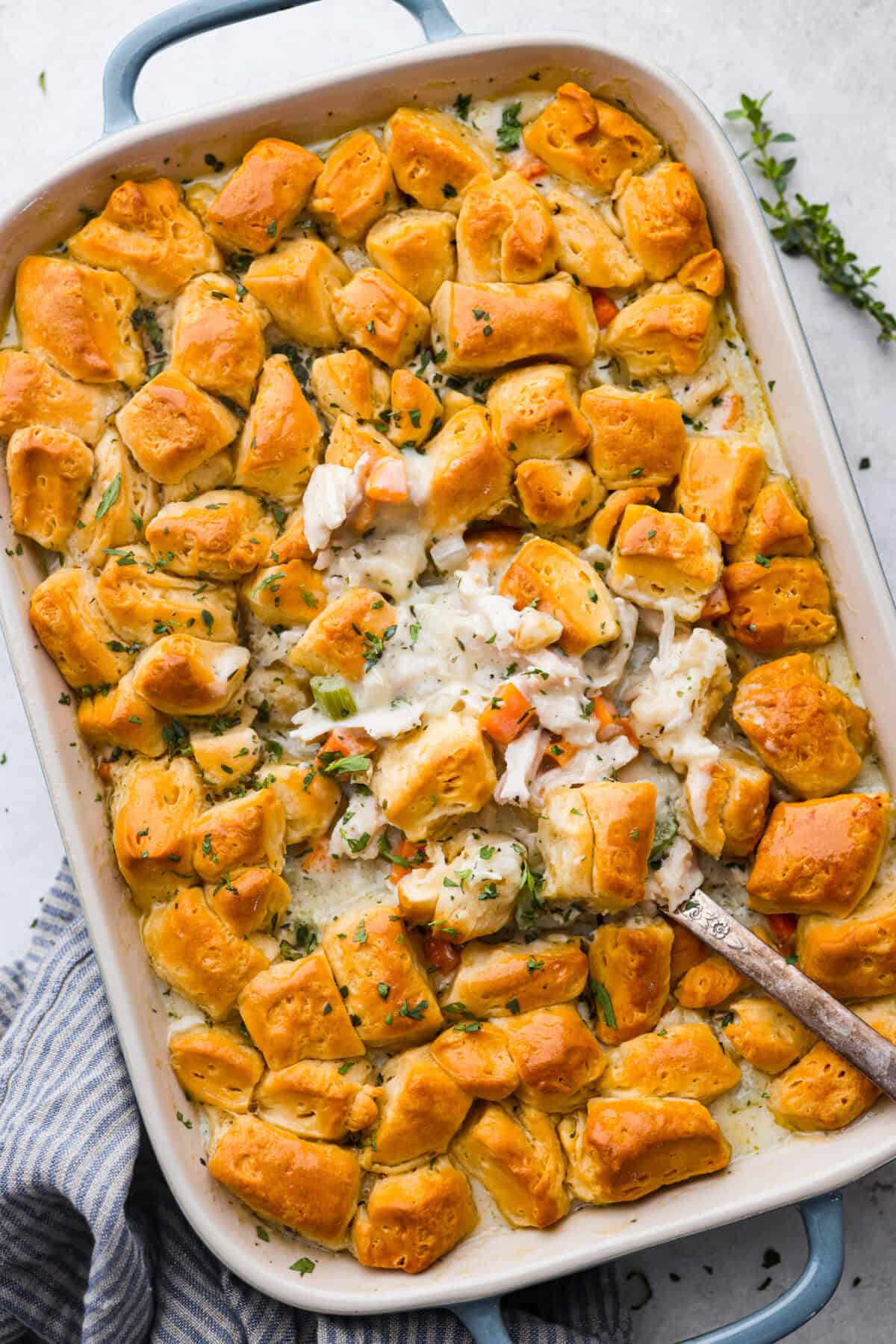 Overhead shot of baked chicken pot pie casserole. 