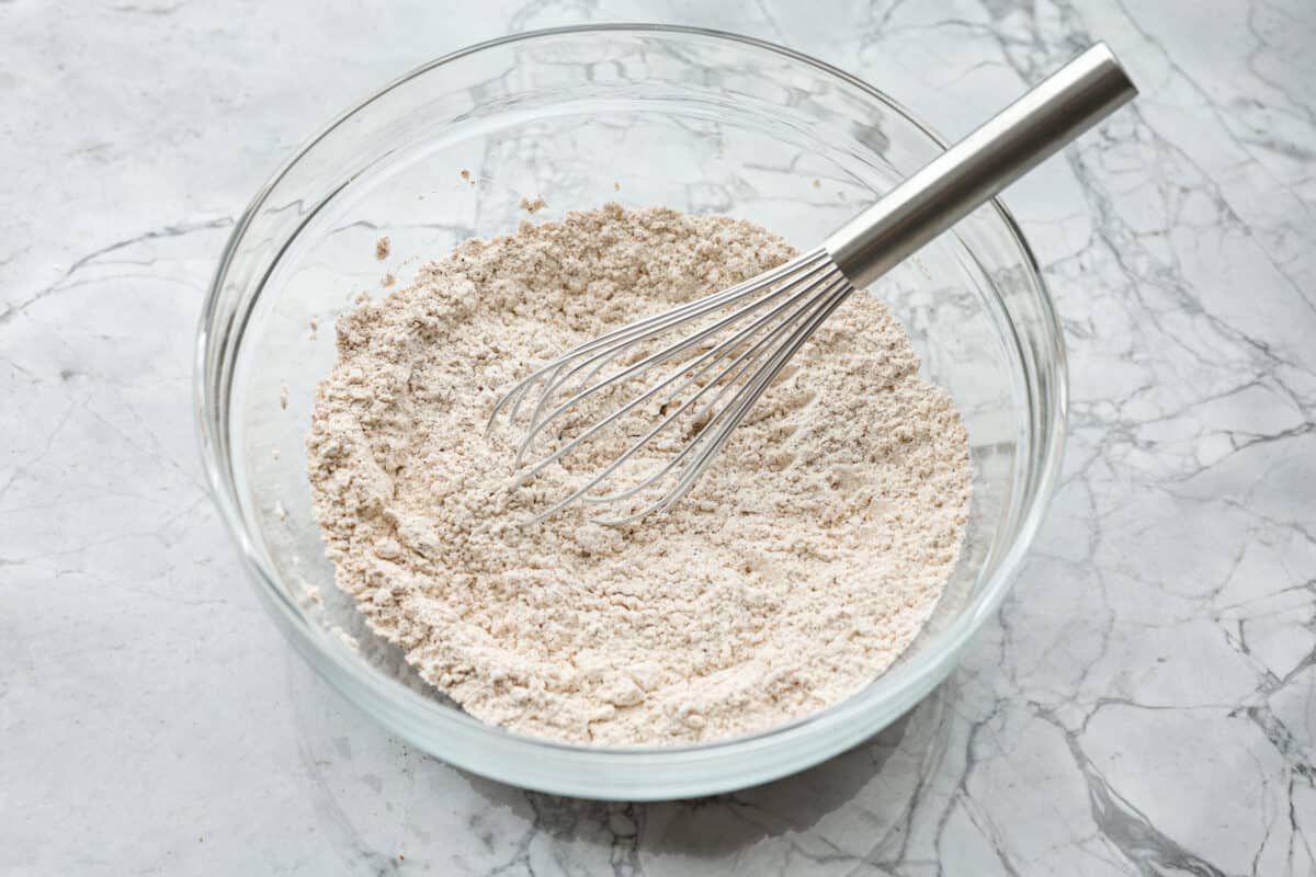 Overhead shot of breading ingredients mixed together in a bowl. 