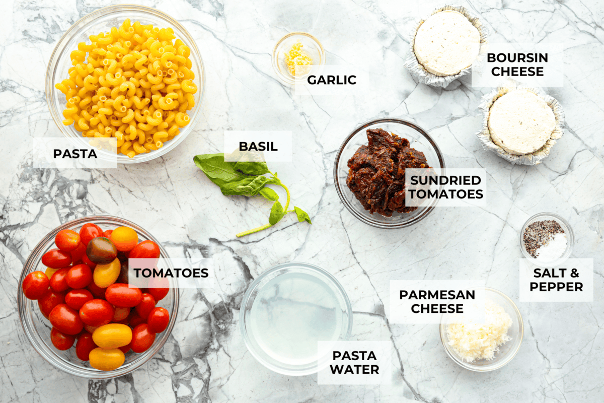This Boursin pasta recipe has gone viral on social media. It's simple to make and packed with flavor! It's creamy with a distinct zingy bite from the Boursin cheese and sundried tomatoes. This dish screams flavor! It's anything but boring. Overhead shot of labeled ingredients.