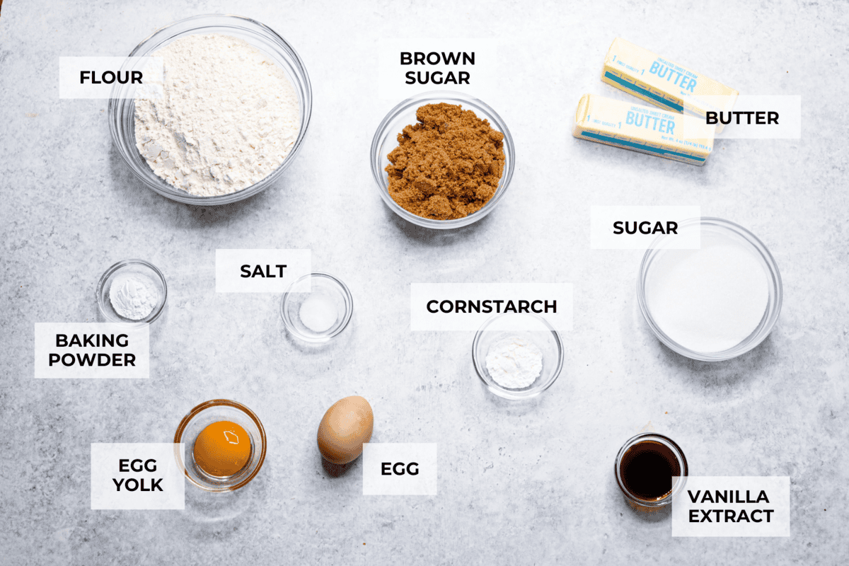 Browned Butter Sugar Cookies are irresistibly thick and chewy with rich flavor, thanks to the addition of browned butter. Even more delicious than the classic, and there's no need to chill the dough! Overhead shot of labeled ingredients.