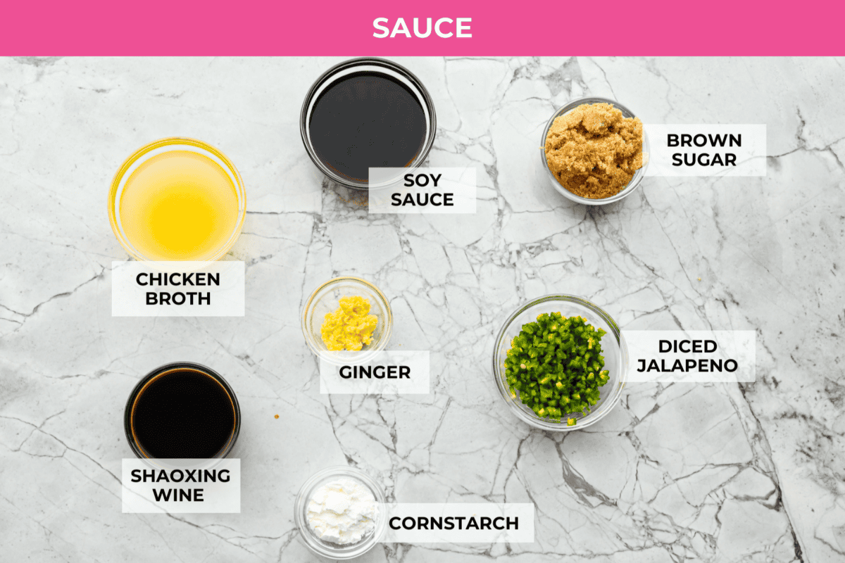 Overhead shot of labeled sauce ingredients. 