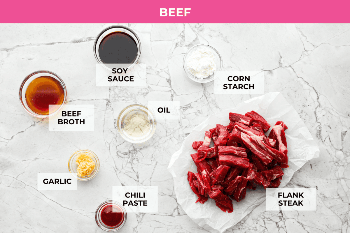 Overhead shot of labeled beef ingredients. 