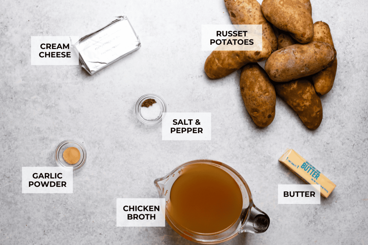 Overhead shot of labeled ingredients. 