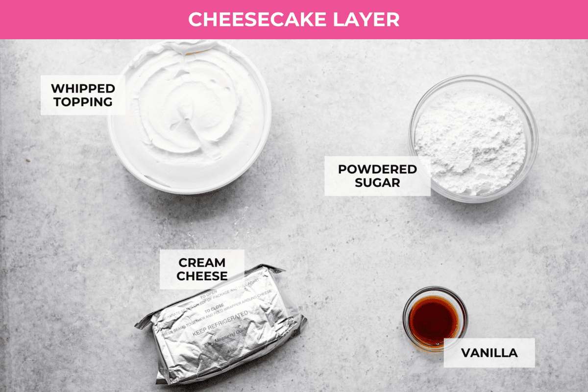 Ingredients listed to make the cheesecake layer.