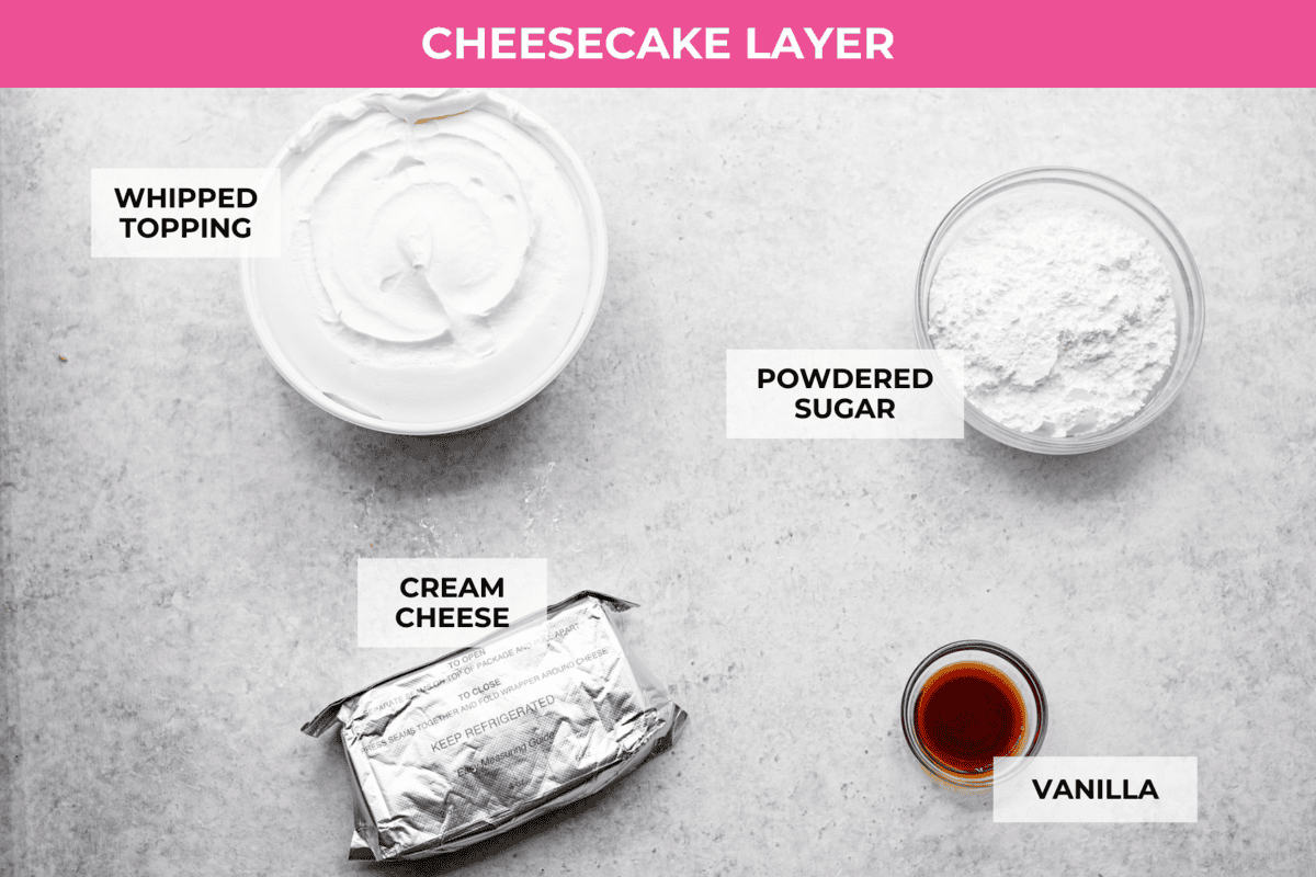 Fall in love with this Pumpkin Delight! A shortbread crust topped with a fluffy cheesecake mixture, a creamy pumpkin layer, and whipped topping. Every bite of this irresistible layered dessert is pumpkin heaven! Ingredients listed to make the cheesecake layer.