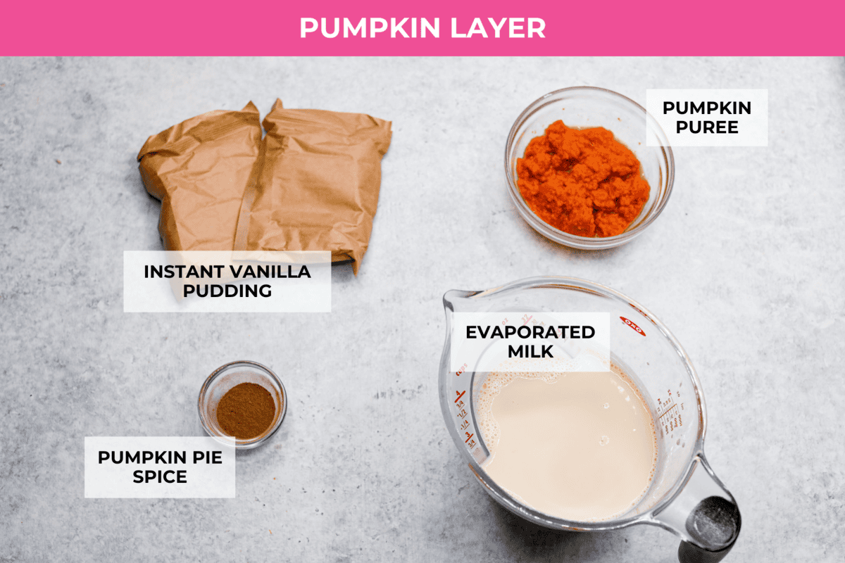 Fall in love with this Pumpkin Delight! A shortbread crust topped with a fluffy cheesecake mixture, a creamy pumpkin layer, and whipped topping. Every bite of this irresistible layered dessert is pumpkin heaven! Ingredients listed to make the pumpkin layer.