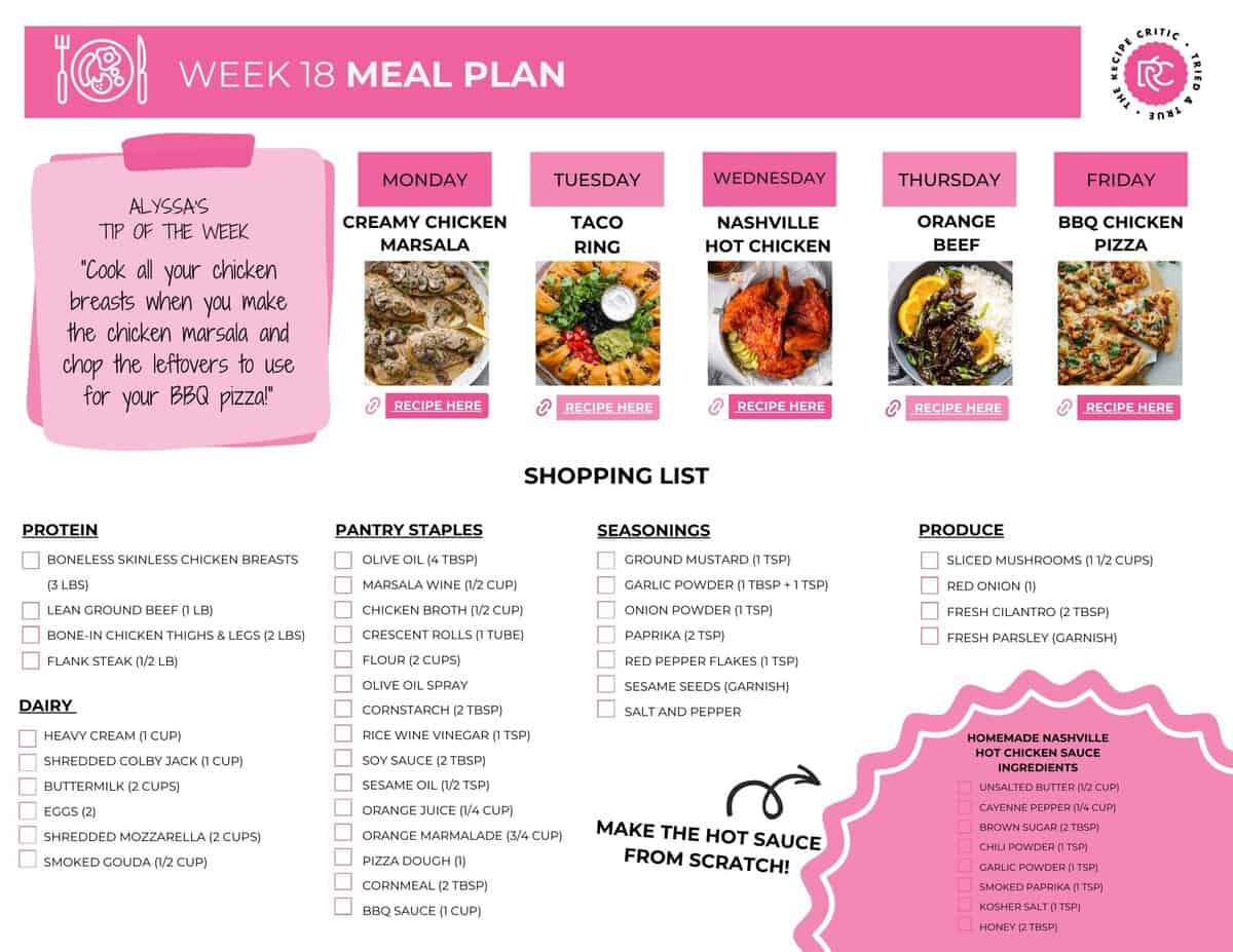 Meal plan and shopping list in PDF format. 