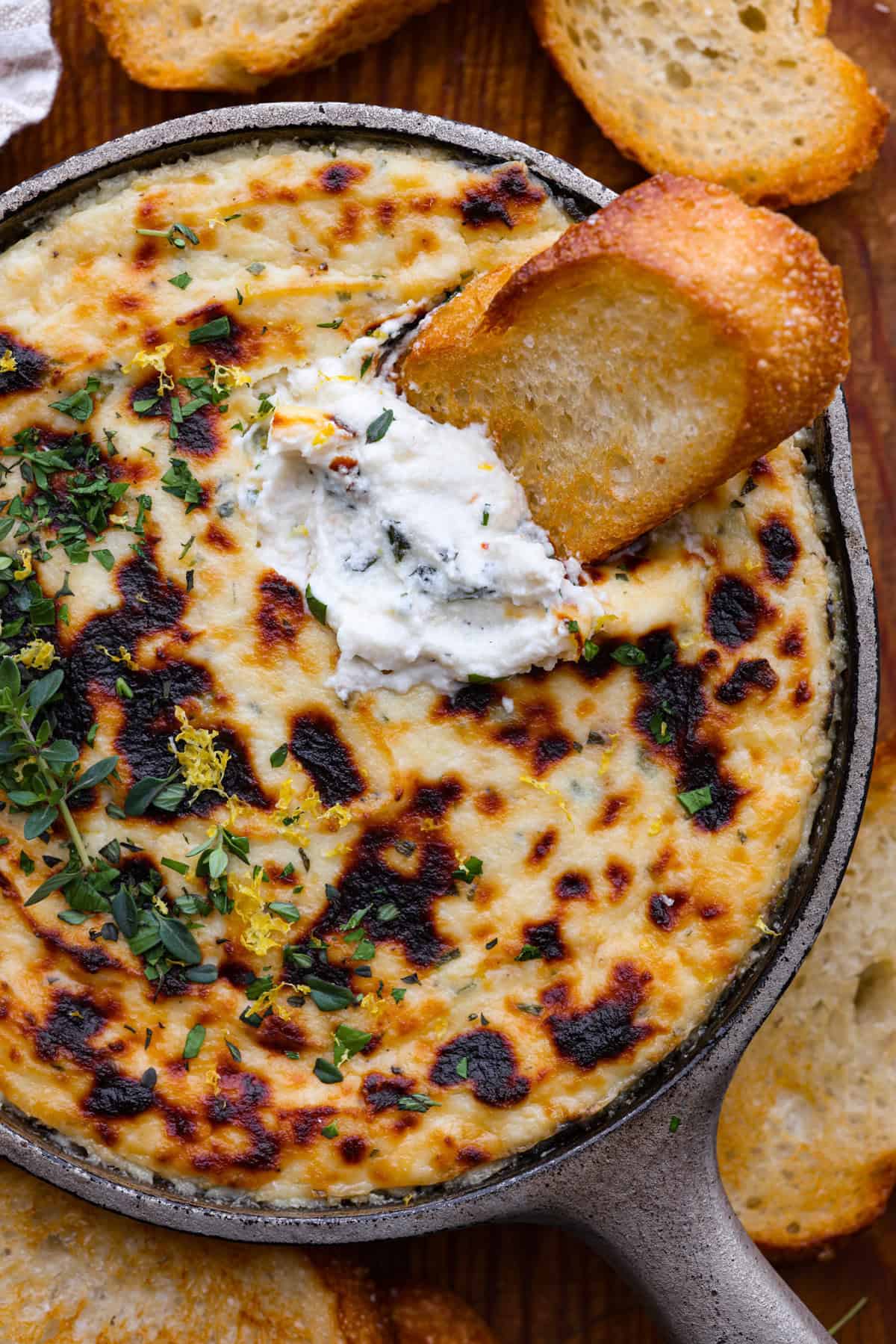 Irresistible Baked Ricotta Dip is the perfect party appetizer! It takes just minutes to combine creamy ricotta cheese with parmesan, fresh herbs, and lemon zest. Then, bake until bubbly and delicious, and get ready for an explosion of flavor! Close up shot of baked ricotta dip with crostini.