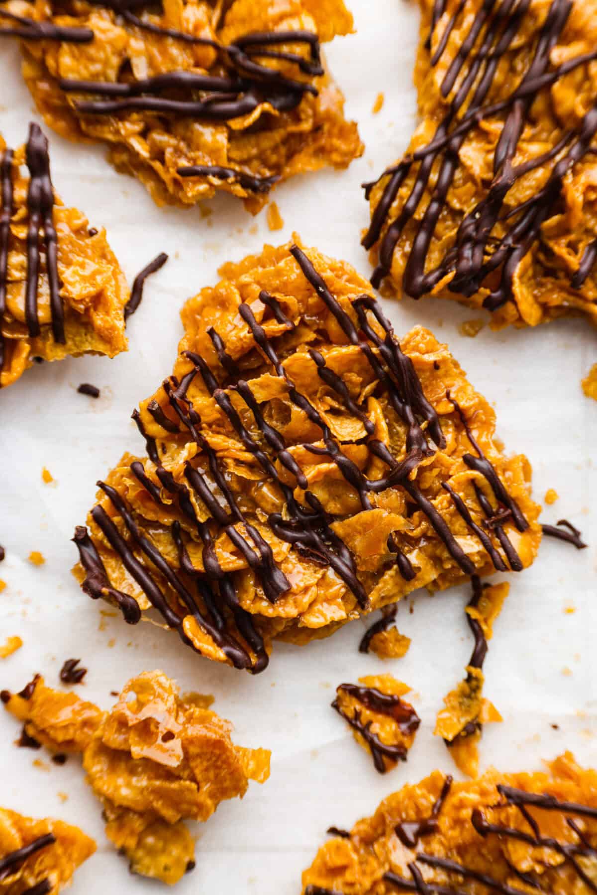 Close-up photo of a piece of brittle cracked corn flakes. 