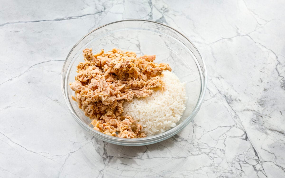 Overhead shot of chicken and rice in a bowl. 