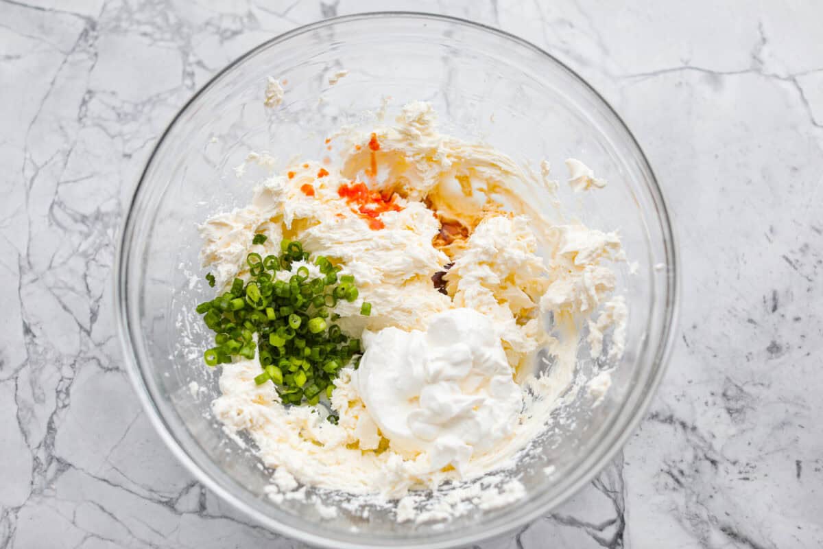 Overhead shot of ingredients in a bowl. 