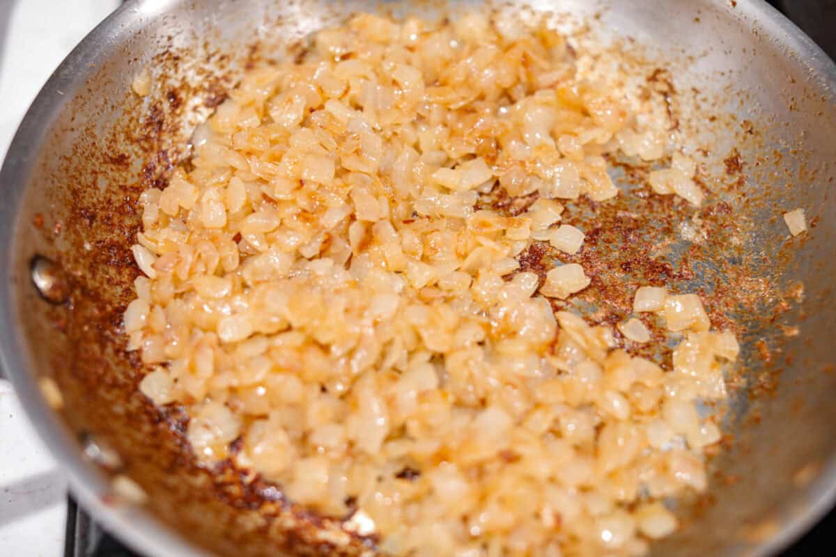 Overhead shot of caramelized onions. 