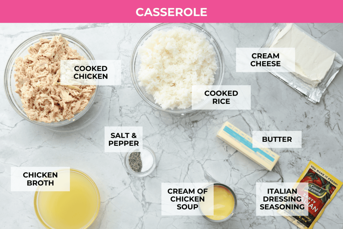 Overhead shot of labeled casserole ingredients.