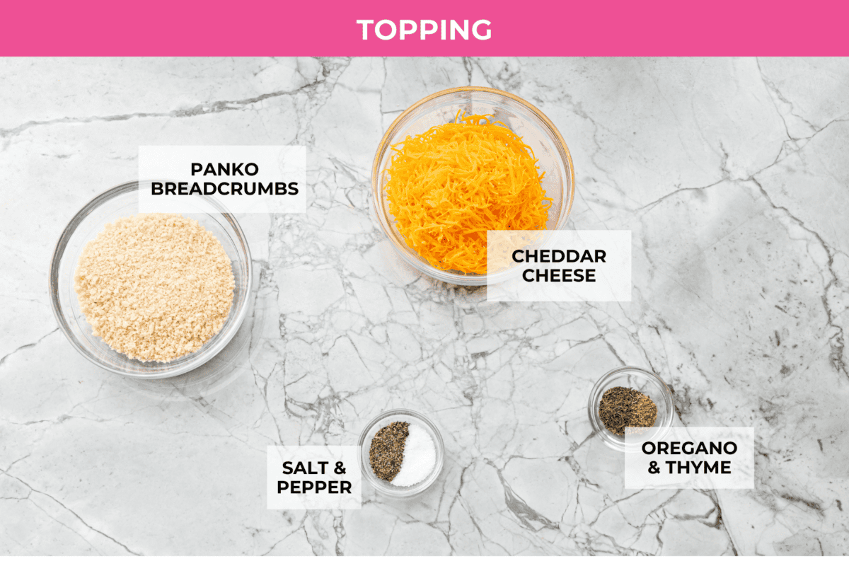 Overhead shot of labeled topping ingredients. 