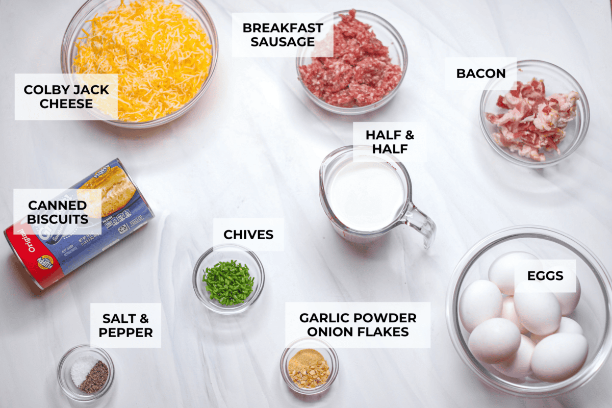 Overhead shot of labeled ingredients. 