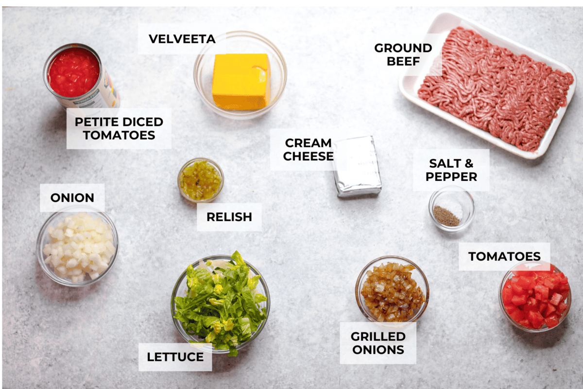 Overhead shot of labeled ingredients. 