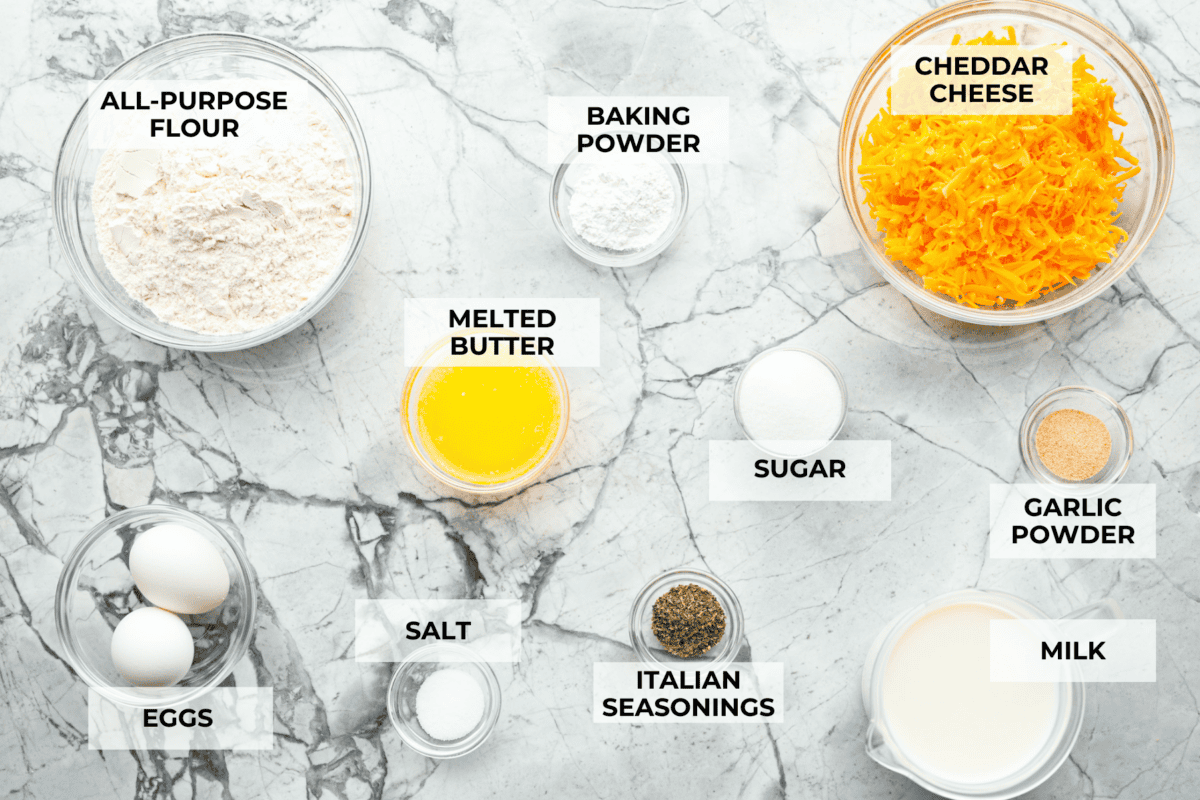 Overhead shot of labeled ingredients. 