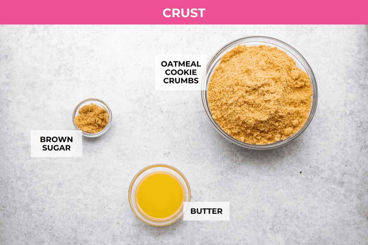 Delicious and addicting, the famous Crack Pie is what made Milk Bar bakery so popular. This copycat recipe is made with a sweet and salty filling tucked inside a crispy oat cookie crust. It’s so good you won’t be able to stop eating it! Overhead shot of labeled crust ingredients.