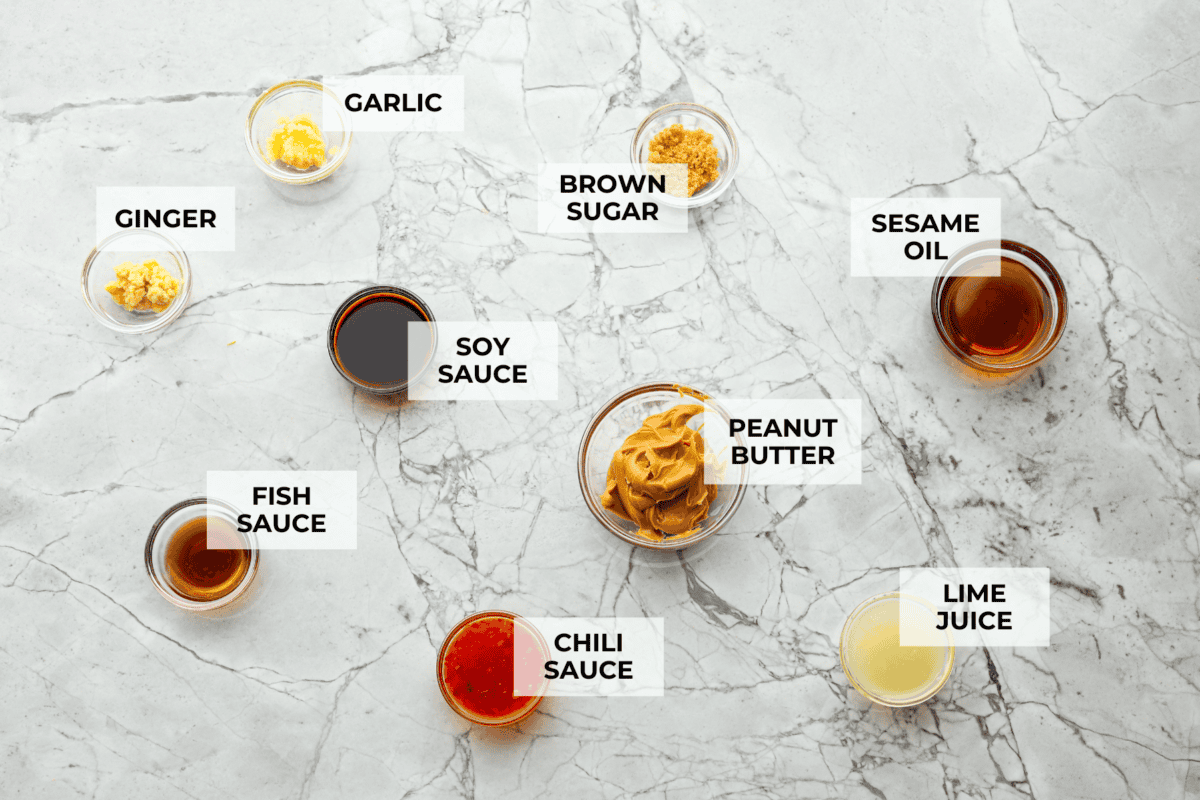 Overhead shot of labeled ingredients. 