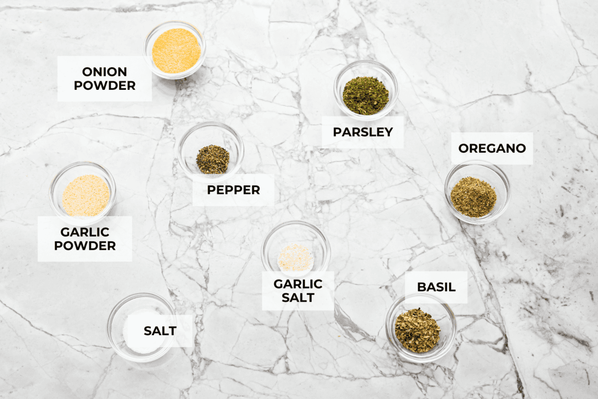 Overhead shot of labeled ingredients. 