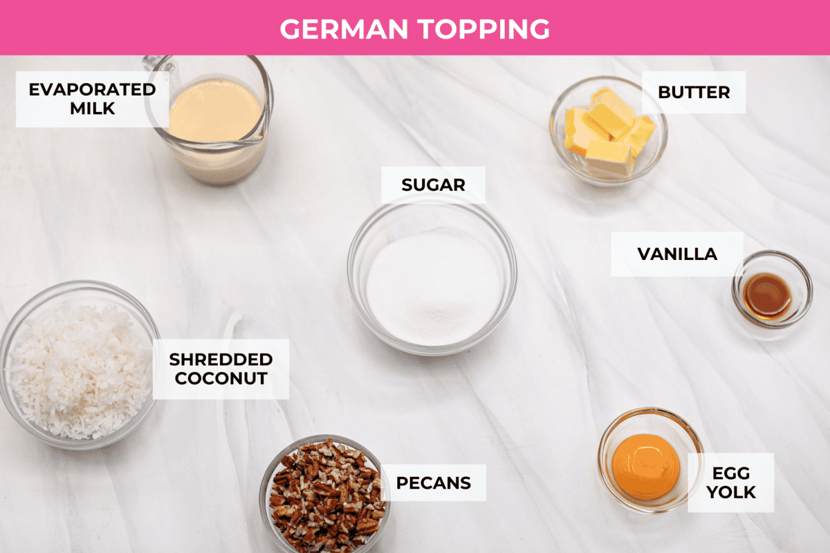 German Chocolate Cheesecake is a rich and impressive dessert! It has an Oreo cookie crust, a chocolate cheesecake filling, and a classic German chocolate topping to finish it off! The gooey coconut pecan topping takes this cheesecake to the next level! Ingredients listed to make German topping for the German chocolate cheesecake.