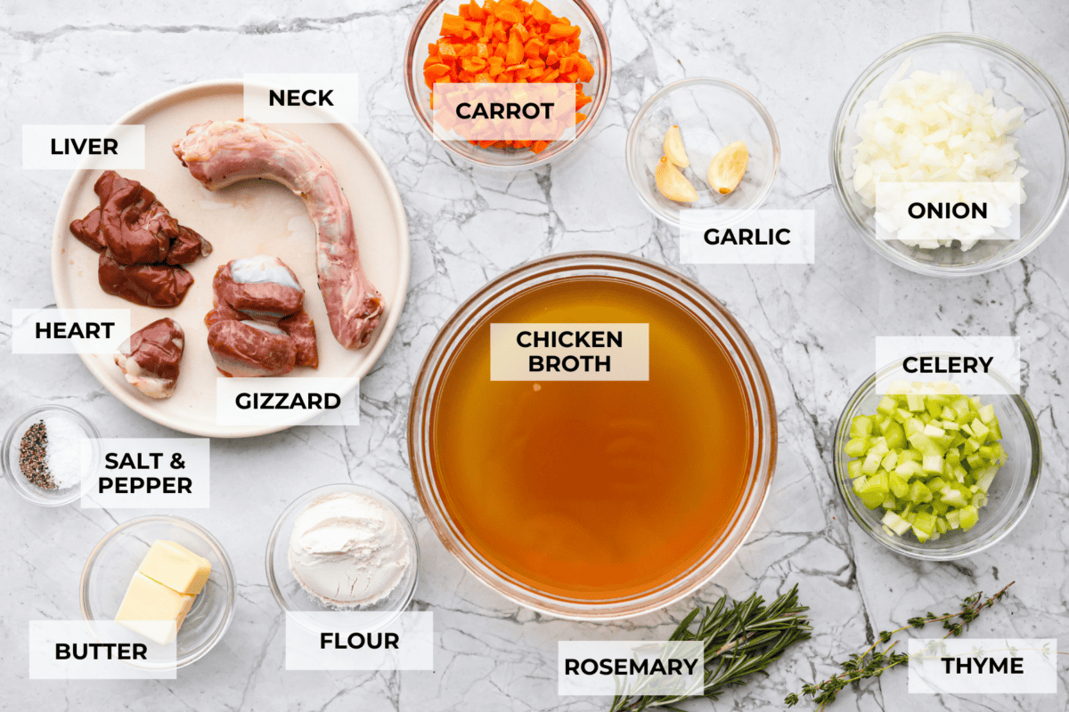 Overhead shot of labeled ingredients. 