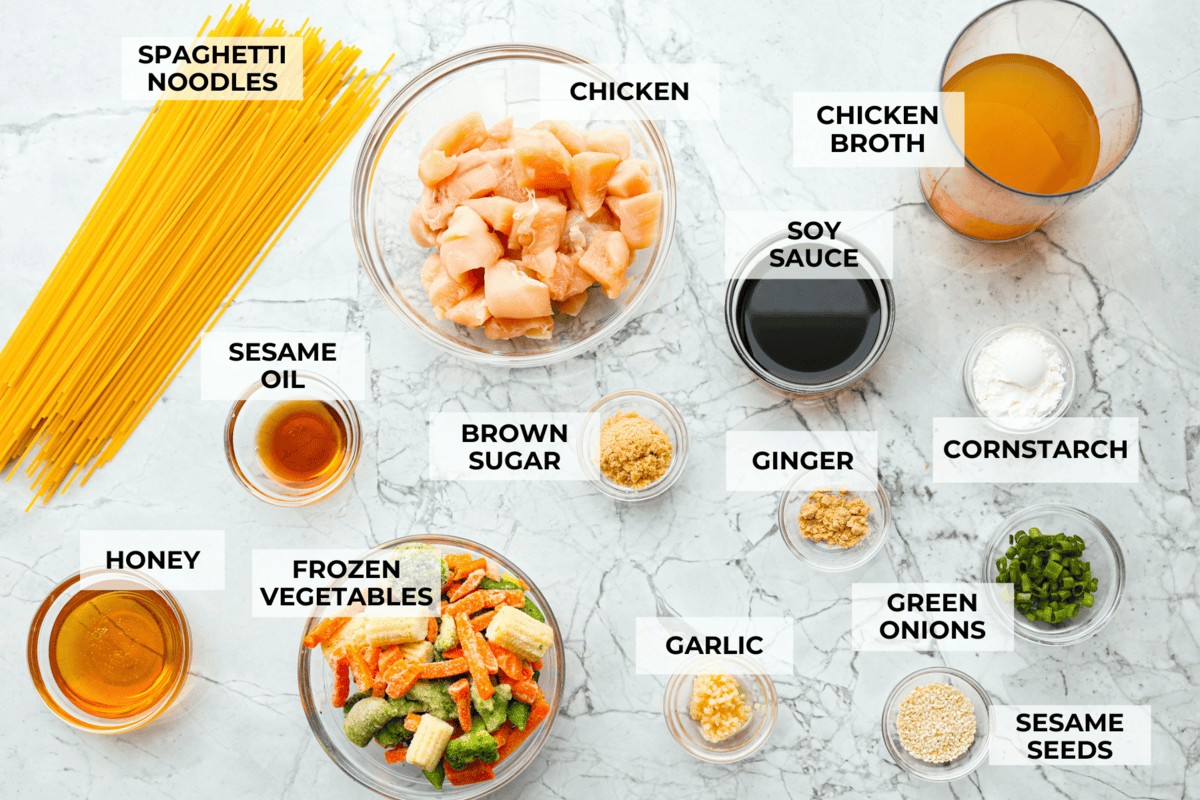 Honey Sesame Chicken Noodle Bake is the perfect dinner solution when you need something incredibly tasty and totally fuss-free! This is a complete meal with delicious Asian flavors in one pan, without needing to pre-cook anything. Overhead shot of labeled ingredients.