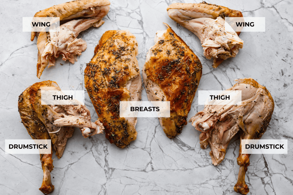 Top view of all the turkey pieces removed and labeled.