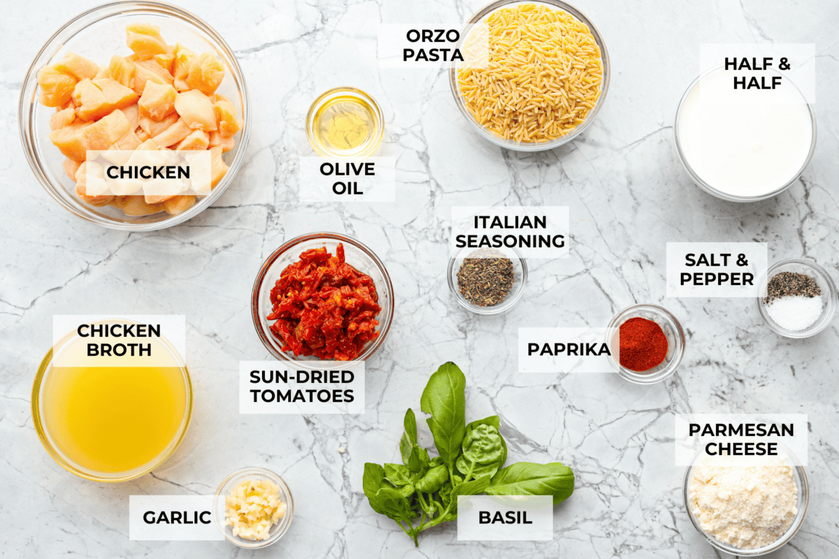 Overhead shot of labeled ingredients. 