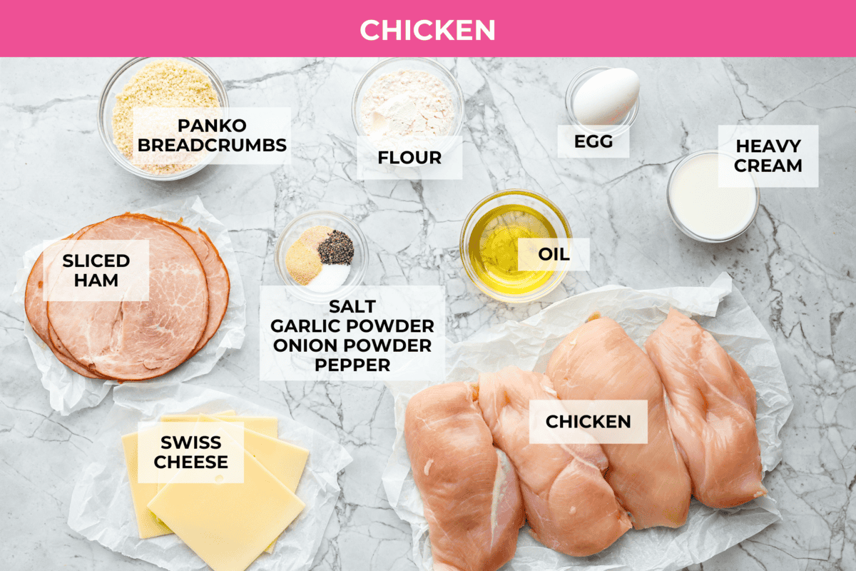 Skillet chicken cordon bleu is one of those recipes my whole family loves. You can't beat the creamy sauce, crispy chicken, and smokey ham, all covered in melty Swiss cheese. Overhead shot of labeled chicken ingredients.