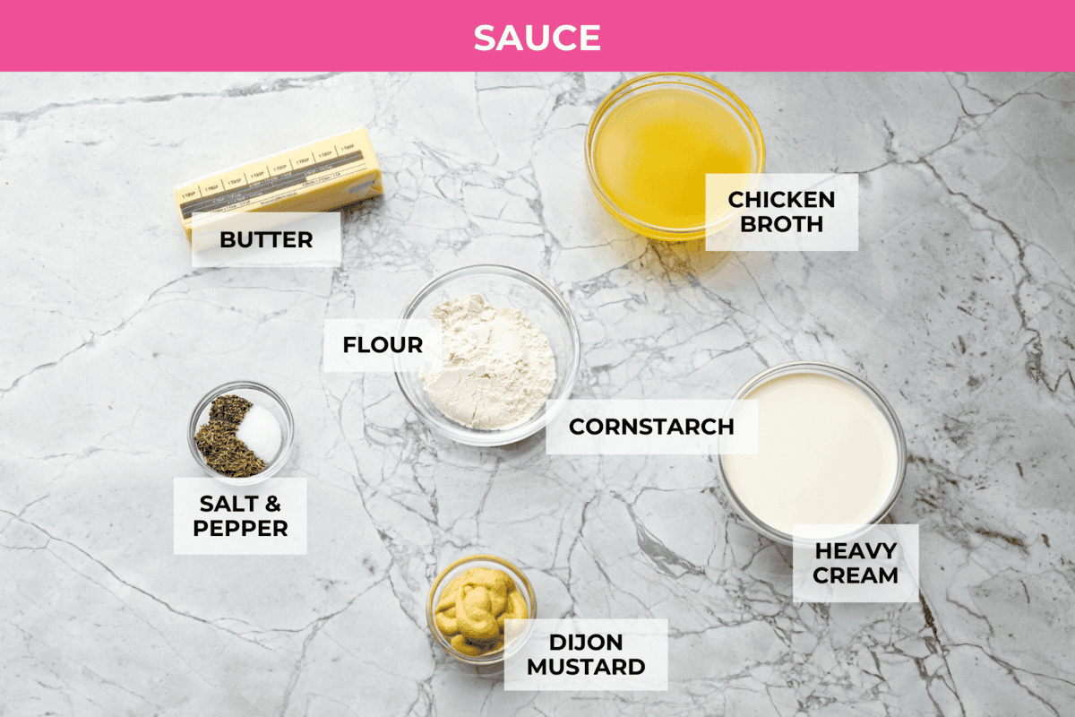 Skillet chicken cordon bleu is one of those recipes my whole family loves. You can't beat the creamy sauce, crispy chicken, and smokey ham, all covered in melty Swiss cheese. Overhead shot of labeled sauce ingredients.