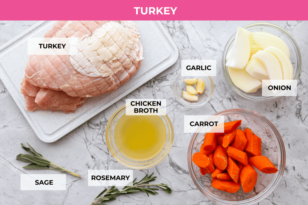 Slow Cooker Turkey Breast is the perfect way to get tender, juicy turkey with a fraction of the prep but all the flavor. Let the slow cooker do ALL the work! Overhead shot of labeled turkey ingredients.