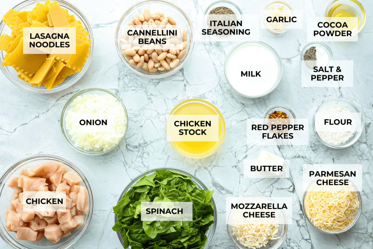 Overhead shot of labeled ingredients. 