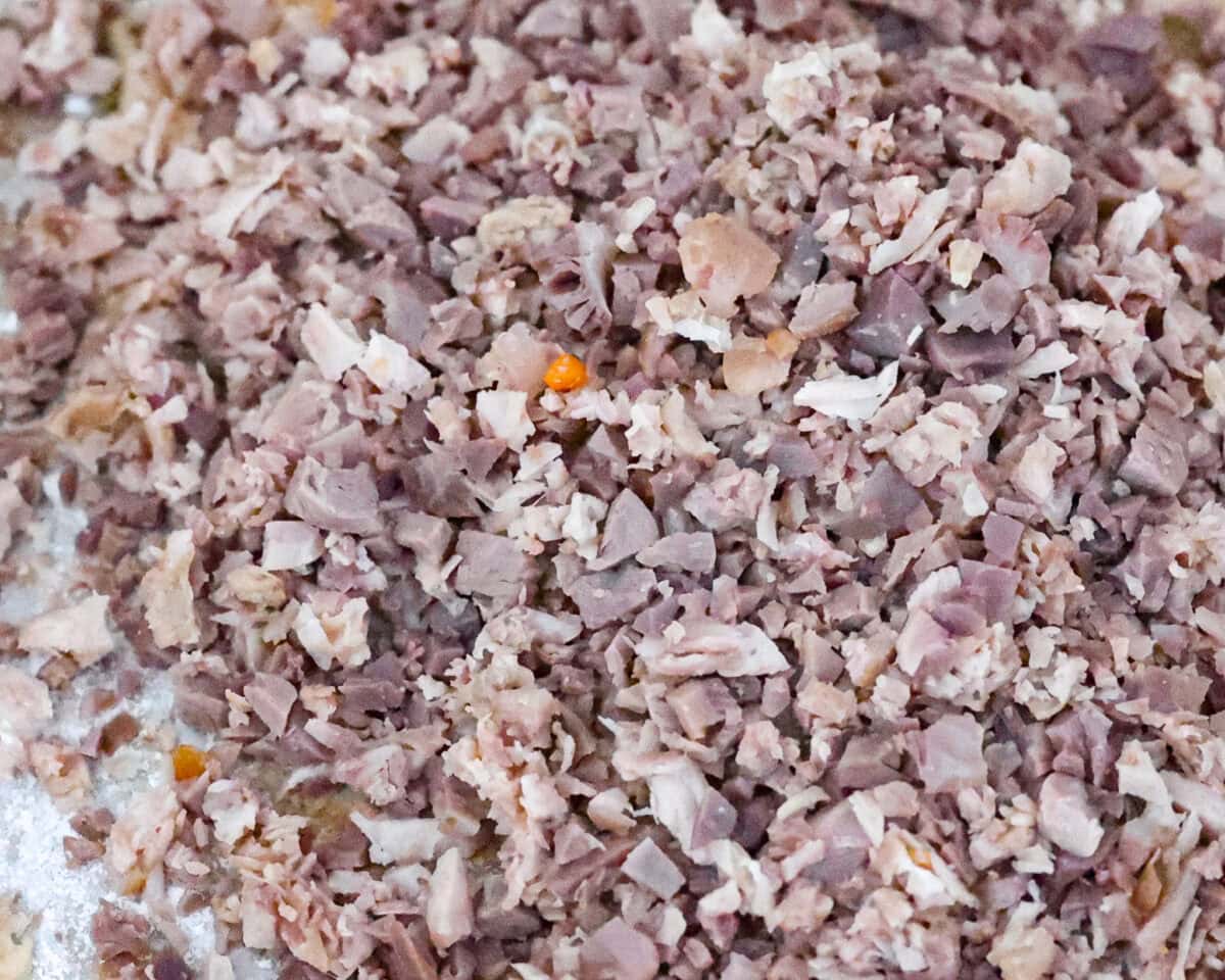 Close up shot of finely diced giblet pieces. 