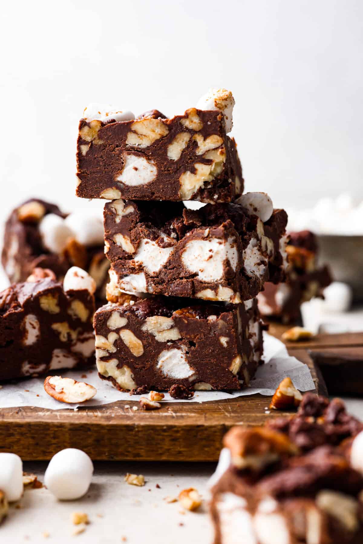 Side shot of stacked rocky road bars 