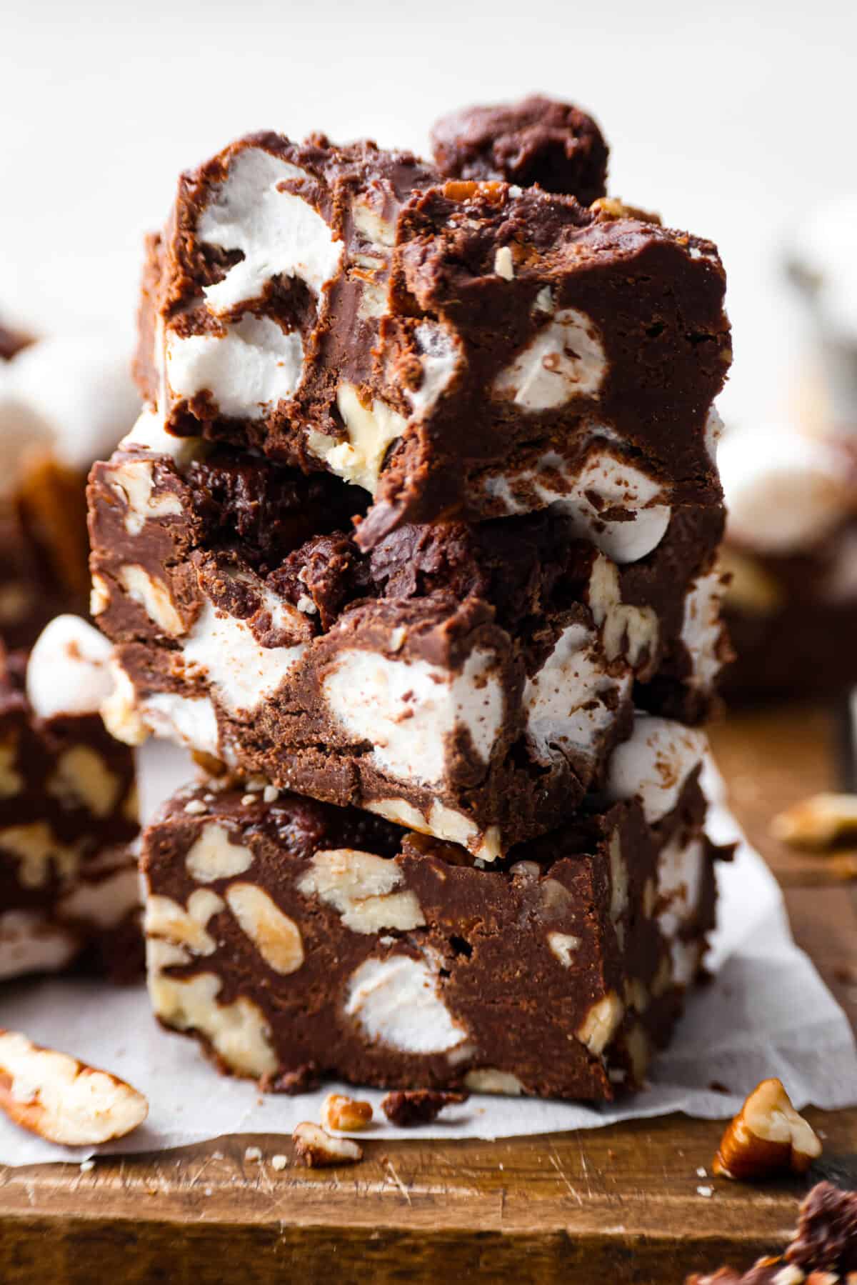 Close up shot of stacked rocky road bars. 