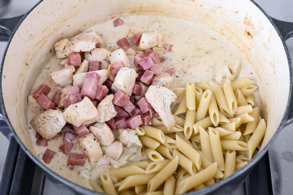 Angle shot of the ham, chicken and noodles added to the seasoned sauce in the pot. 