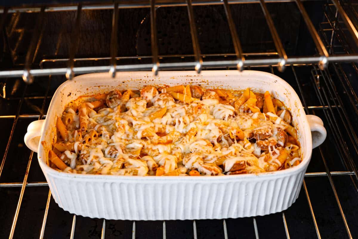 Angle shot of pasta dish in the oven. 