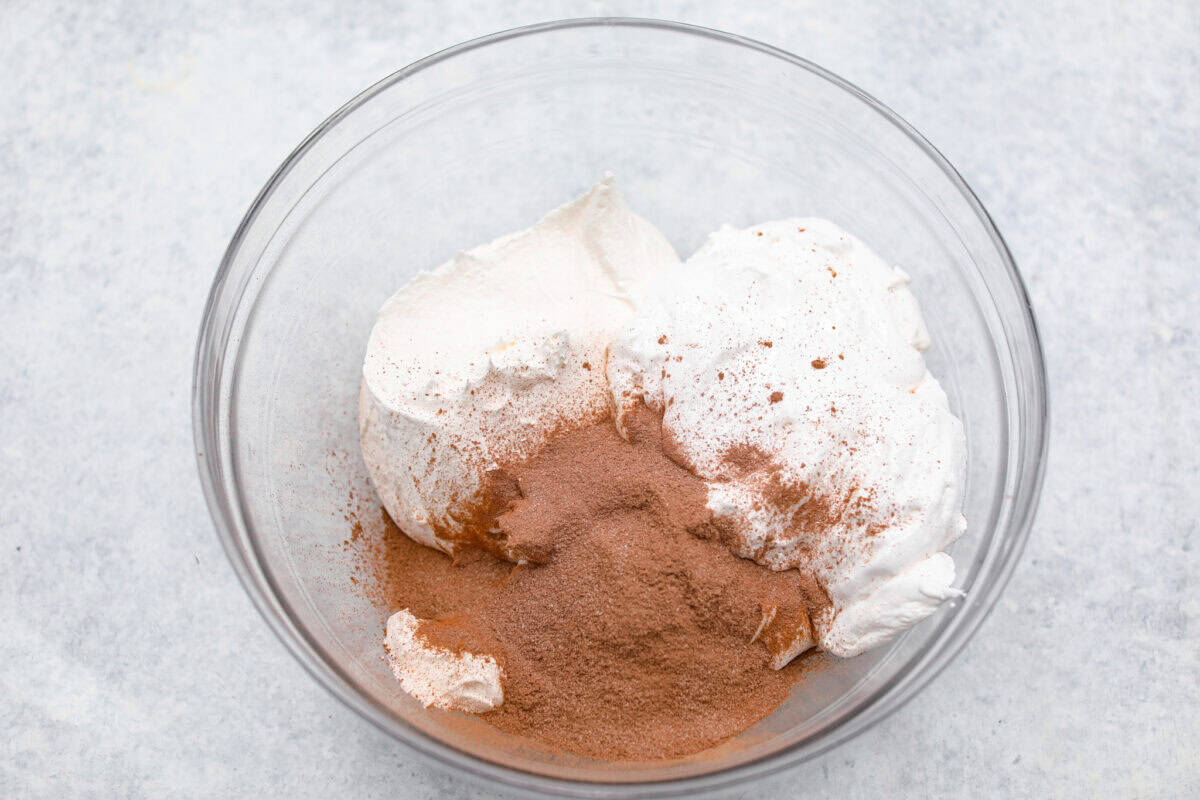 Overhead shot of ingredients in a glass bowl. 