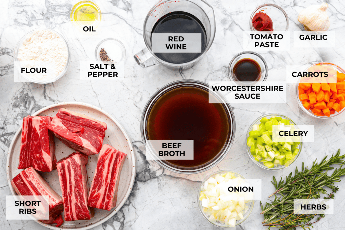 Ingredients labeled to make braised short ribs.