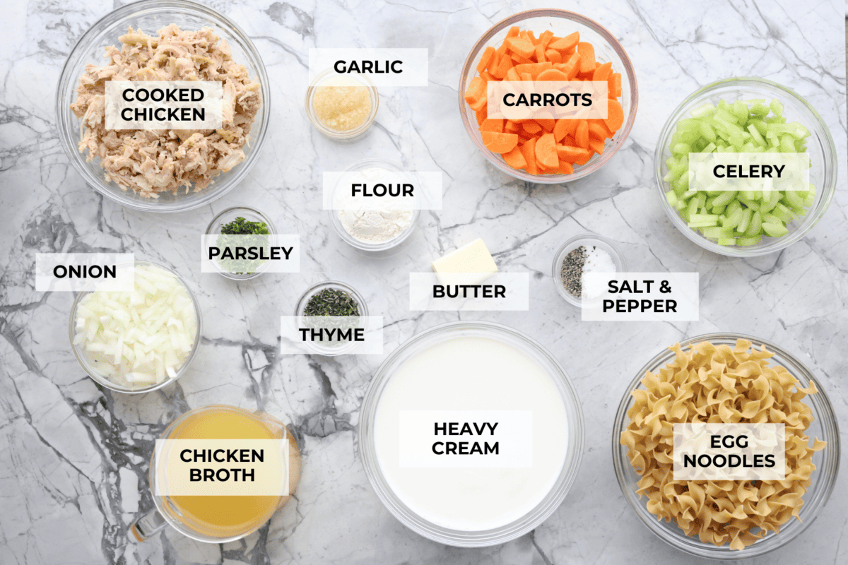 Overhead shot of labeled ingredients. 