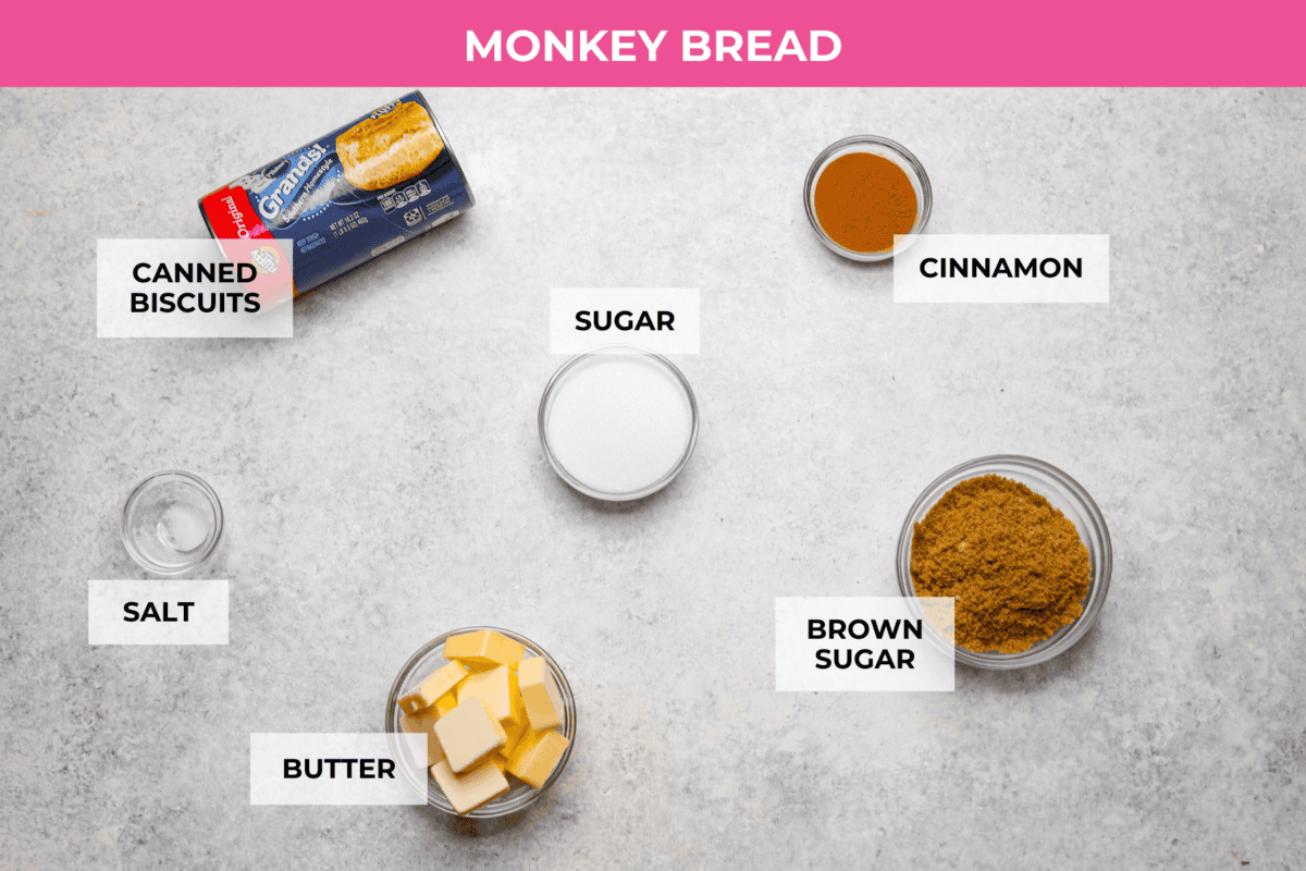 Overhead shot of labeled monkey bread ingredients. 